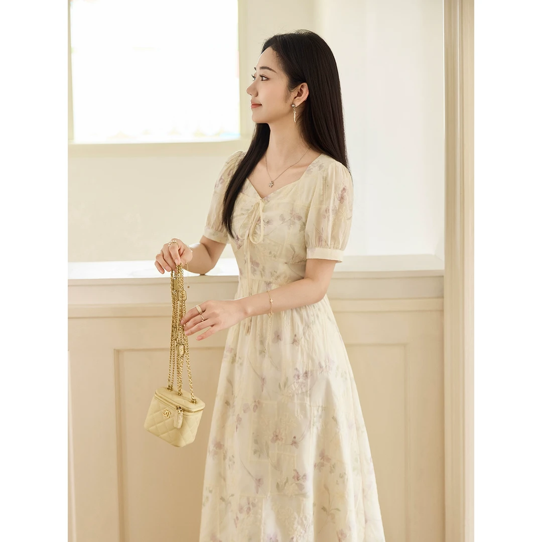 宿本【紫藤花】碎花连衣裙2025年夏季新款女中长款短袖1520741LP