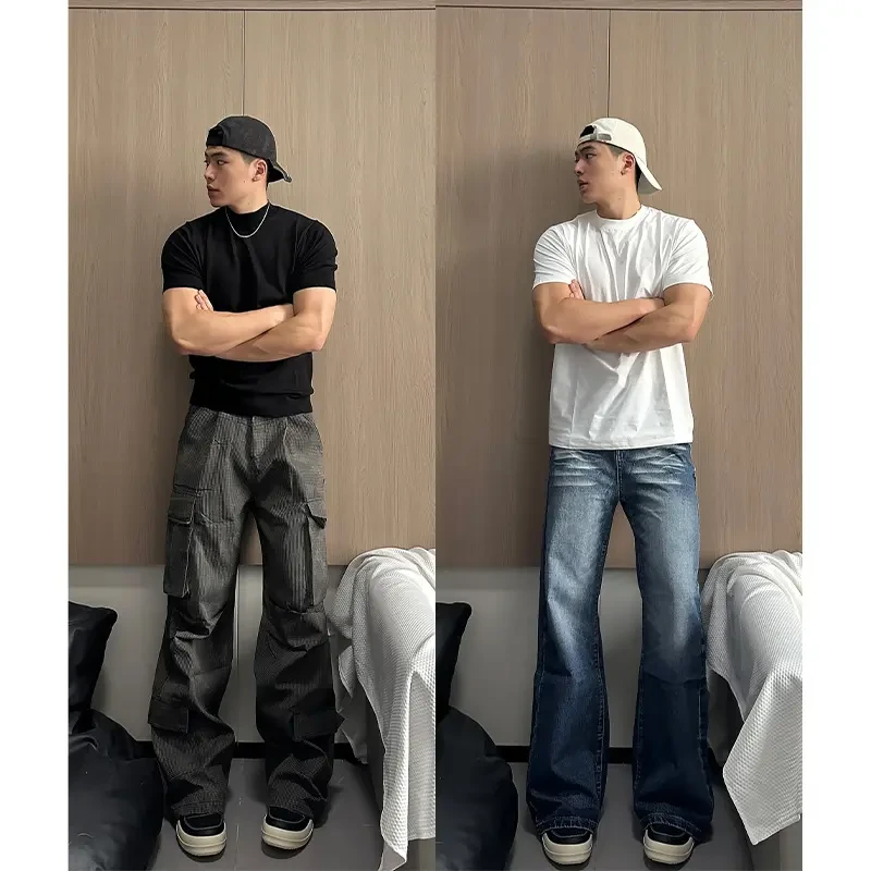 白色收袖口重磅正肩短袖男款夏显肌肉运动修身T恤痞帅小领口半袖