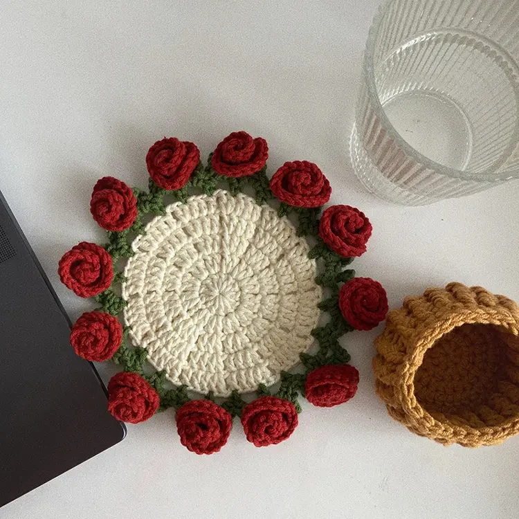 手工毛线钩织diy材料包迷你毯子玫瑰花杯垫盆栽花篮复古礼物钩针