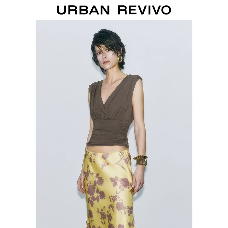 UR2025夏季新款女装气质V领褶皱短款修身无袖背心UWG450110