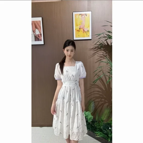 时尚气质碎花短袖连衣裙女温柔显瘦中长款裙子529