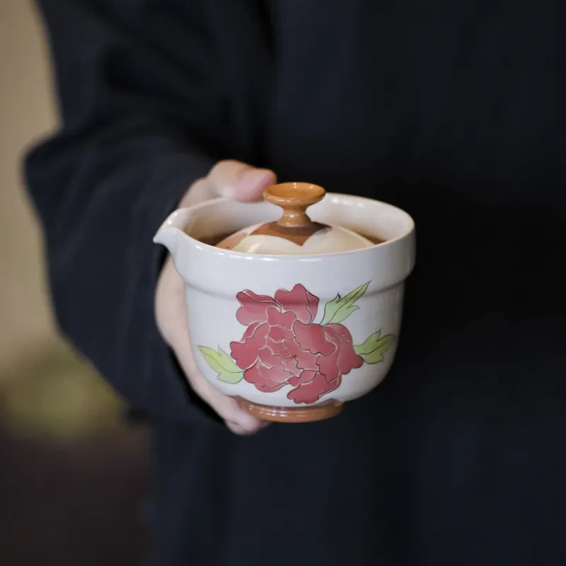 【悦生活】粉引牡丹盖碗满容280ml（Q8575）