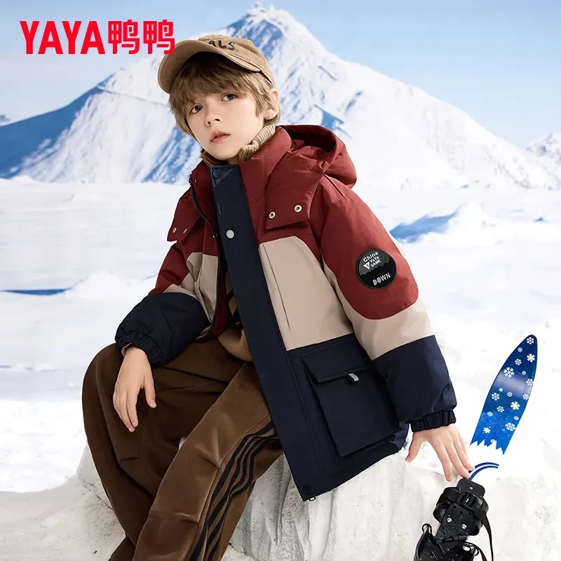 YAYA/鸭鸭童装羽绒服三拼色男女大童2025新款户外儿童运动外套