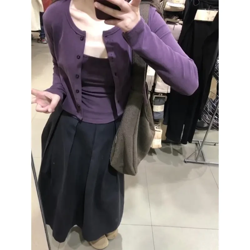 2025早秋新款女韩系穿搭修身长袖开衫显瘦百搭吊带高腰百褶半身裙