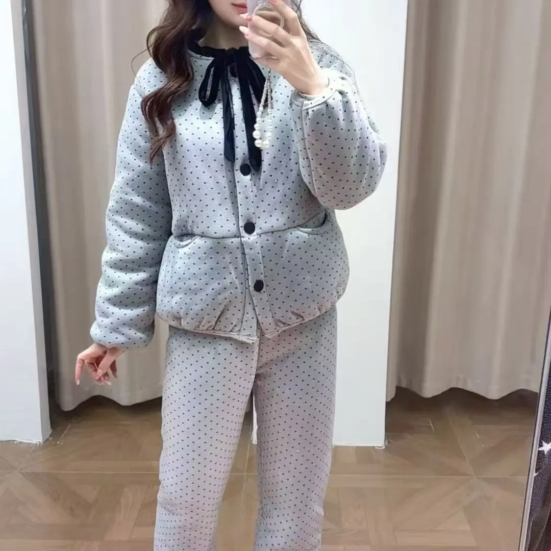 冬季三层加厚加绒韩版小香风波点可外穿保暖睡衣套装家居服