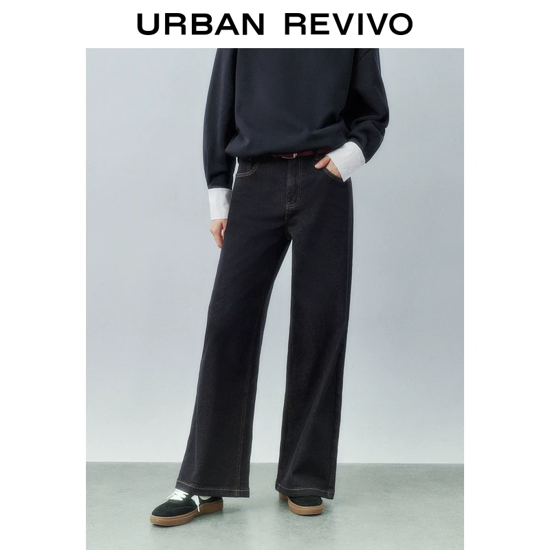 UR2025秋季新款女装复古港风撞色腰带牛仔长裤UYU850019
