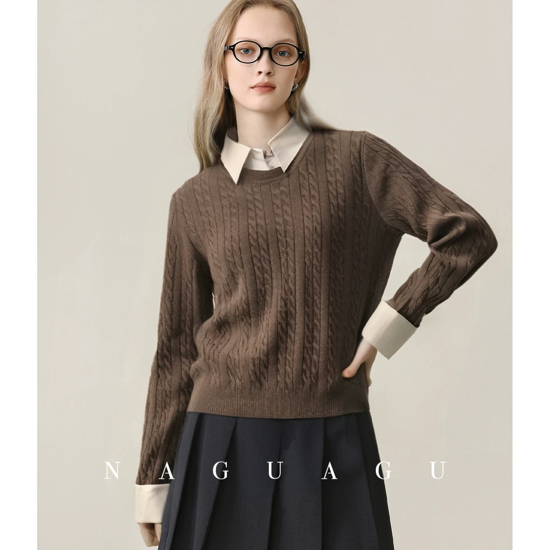 【u系老两件套】髙品质100.%绵羊毛 撞色衬衫领显瘦绞花毛衣