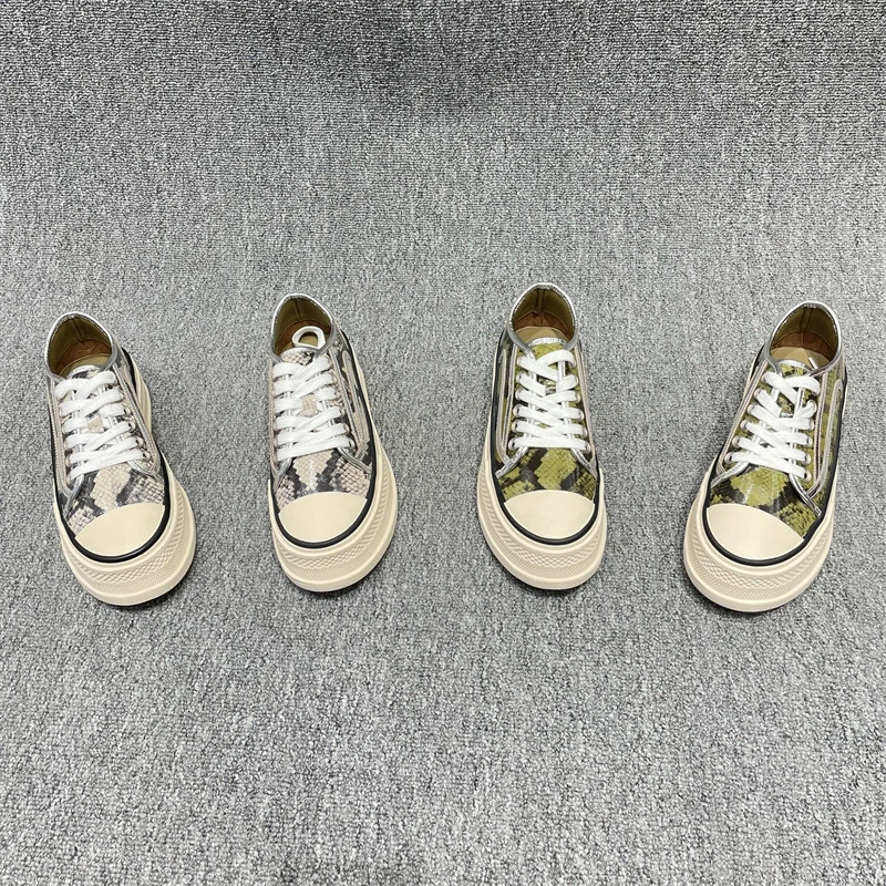 乐魔欧洲站真皮女鞋2025春新款欧货圆头休闲厚底系带蛇纹运动板鞋