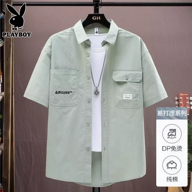 花花公子工装短袖衬衫男士夏季薄款宽松外套潮牌纯棉休闲衬衣男款