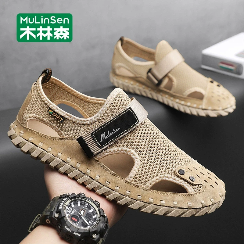 木林森凉鞋男2025新款夏季镂空网面包头拖防滑耐磨涉水男士沙滩鞋
