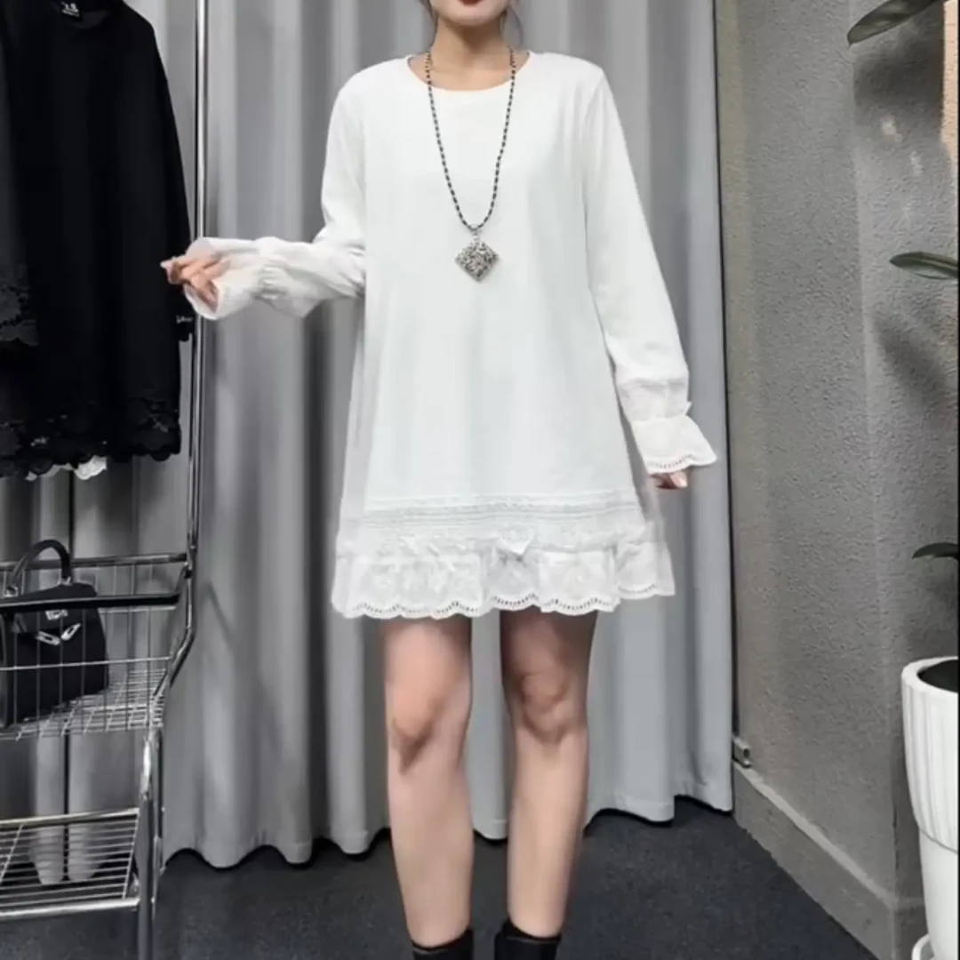 中长款蕾丝花边打底衫女装2025年新款白色长袖t恤叠穿上衣女士潮