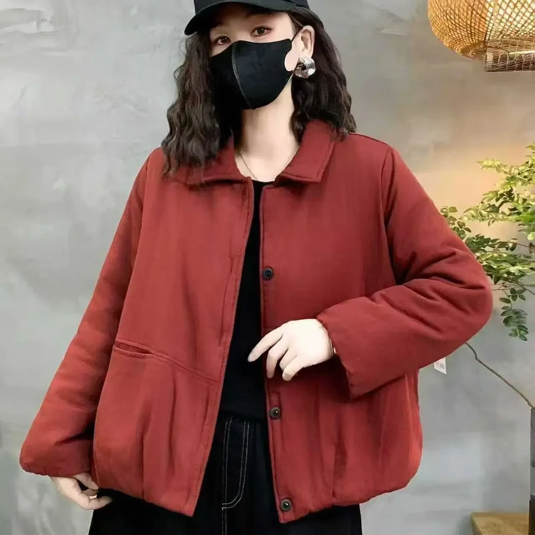 冬季加绒加厚纯色保暖洋气宽松显瘦遮肉减龄设计感棉衣外套网红