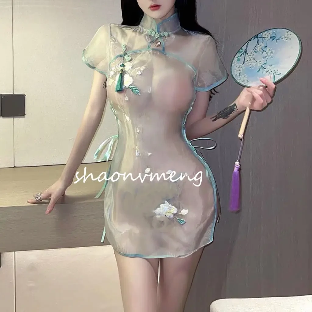 【楚楚】少女梦清澈茉莉性感国风刺绣睡裙情调纯惑流苏私房睡衣套装