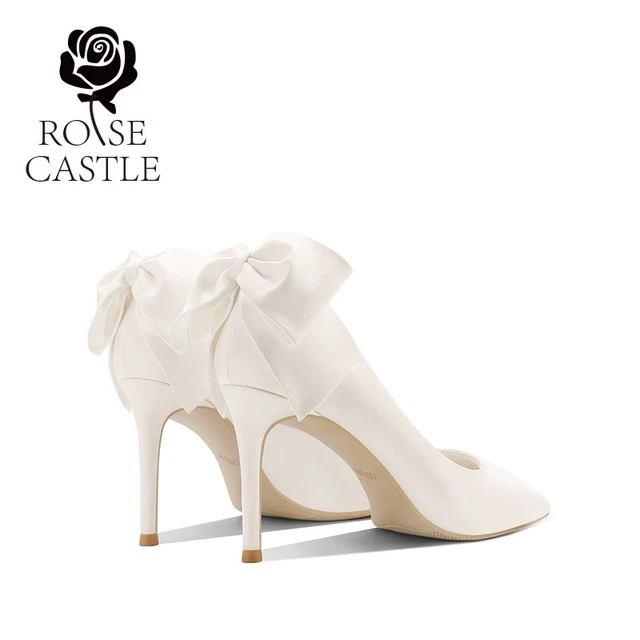 心动蝴蝶结rose castle 法式订婚鞋女白色高跟新娘鞋绸缎礼服单鞋