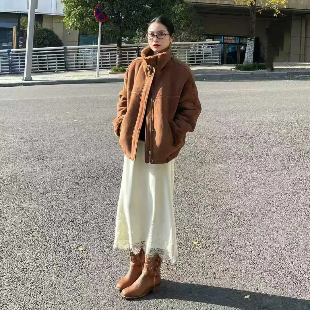 【俪妍】焦糖色复古双面穿加厚保暖冬季外套女