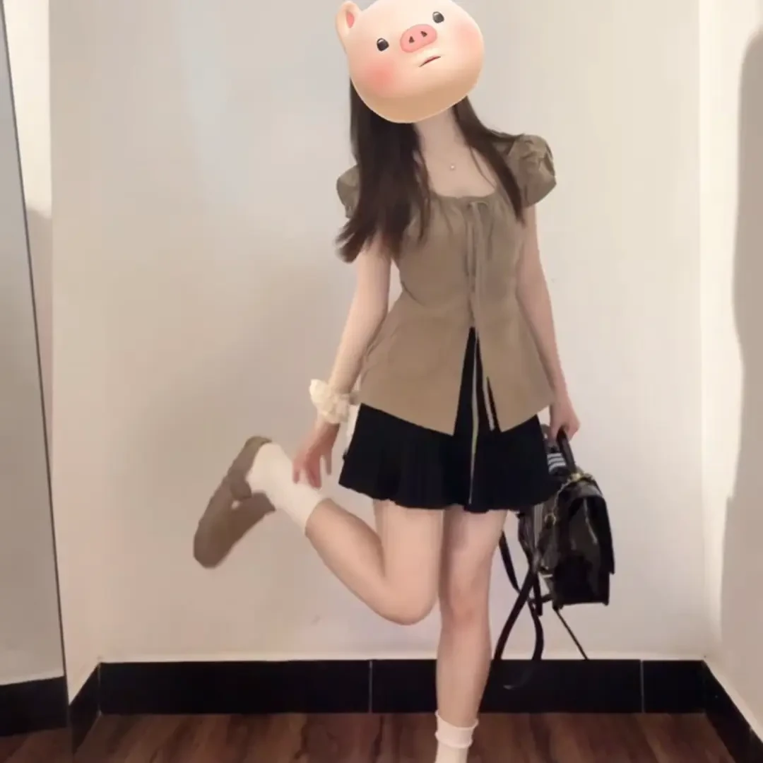 夏季女装套装短袖衬衫甜美泡泡袖小个子修身显瘦上衣百褶半身裙