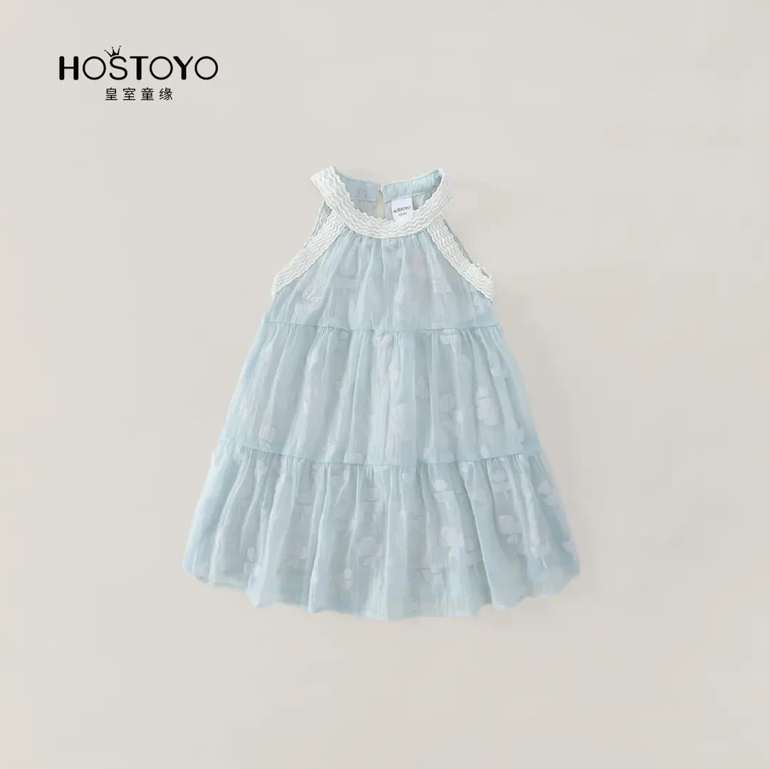皇室童缘2025女童夏季淡蓝绣花无袖洋气连衣裙17630470135