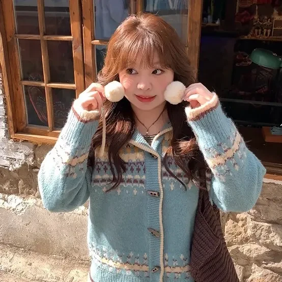“水湖蓝连帽”针织长袖毛针织衫女秋冬秋季提花