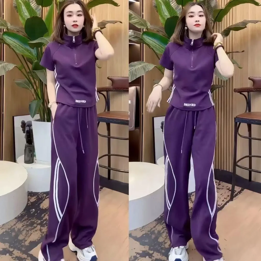 休闲运动服套装女夏季2025年新款韩版大码短袖拉链套装夏天两件套