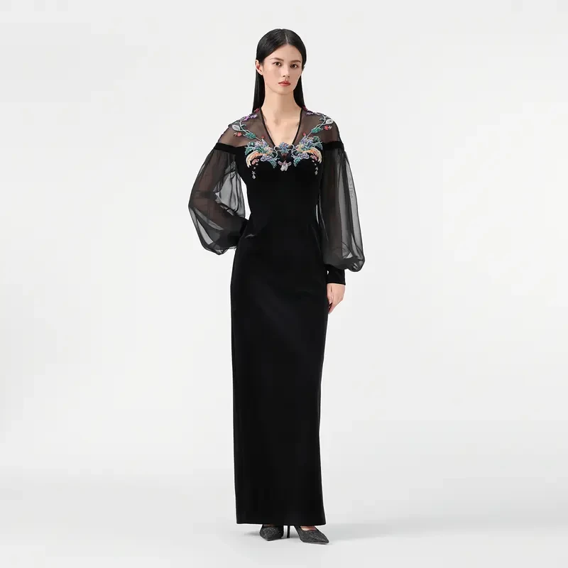 SUSSI/古色V领灯笼长袖贴花小礼服