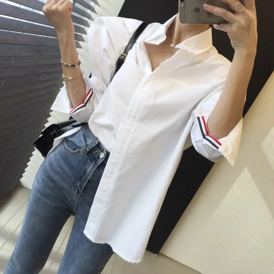 春季女士个性衬衫POLO领条纹网红撞色简约2570极简风街头复古韩版