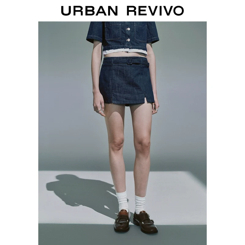 UR2025夏季新款女装复古休闲腰带饰裙裤牛仔短裤UYY850121