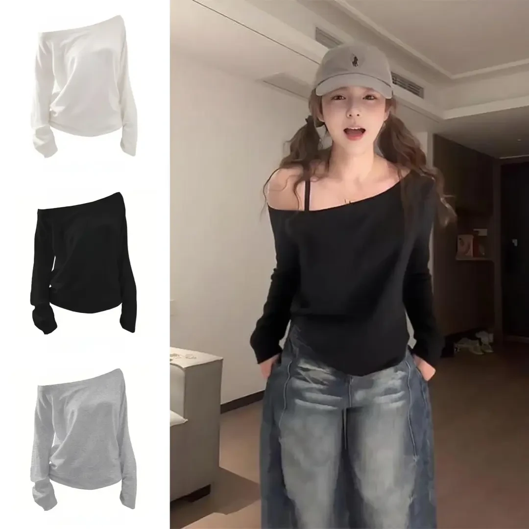 纯色一字肩斜角肩长袖t恤女秋季新款宽松打底衫休闲时尚百搭上衣