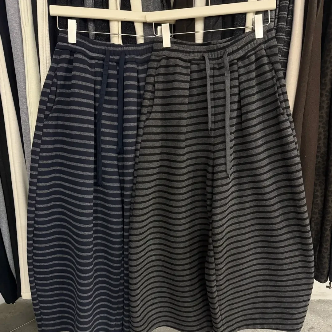 阿梅家冬季韩系加绒条纹抽绳松紧高腰显瘦宽松直筒休闲阔腿女裤