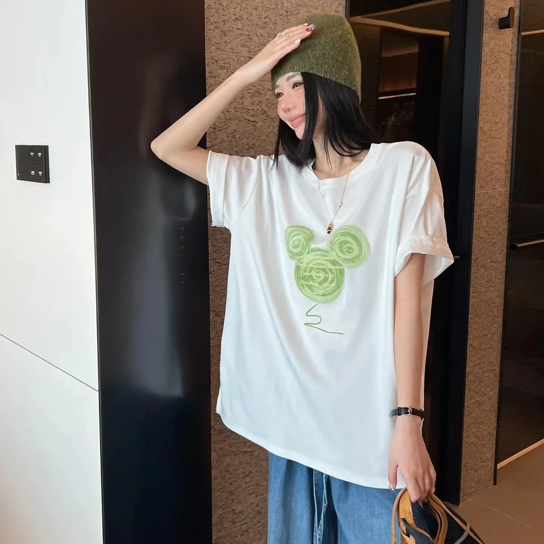 韩版抗起球米奇刺绣印花宽松短袖圆领T恤白色款棉氨纶卡通侧开岔