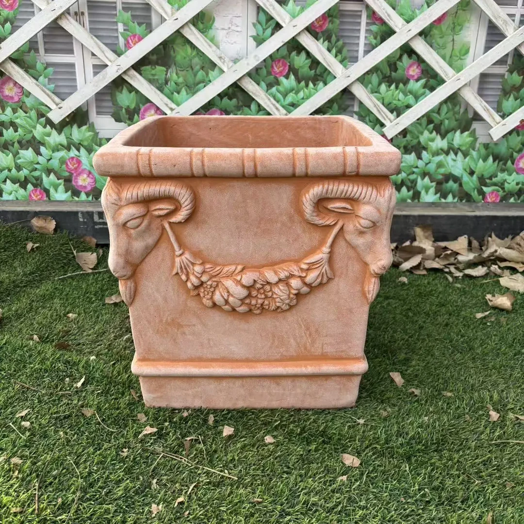 罗马高浮雕羊头四方盆欧式外贸盆浮雕复古粗陶花盆阳台庭院陶土盆