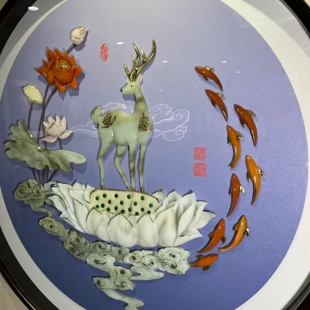 手工玉雕画《福禄吉祥》新中式入户玄关走廊圆形立体装饰挂画