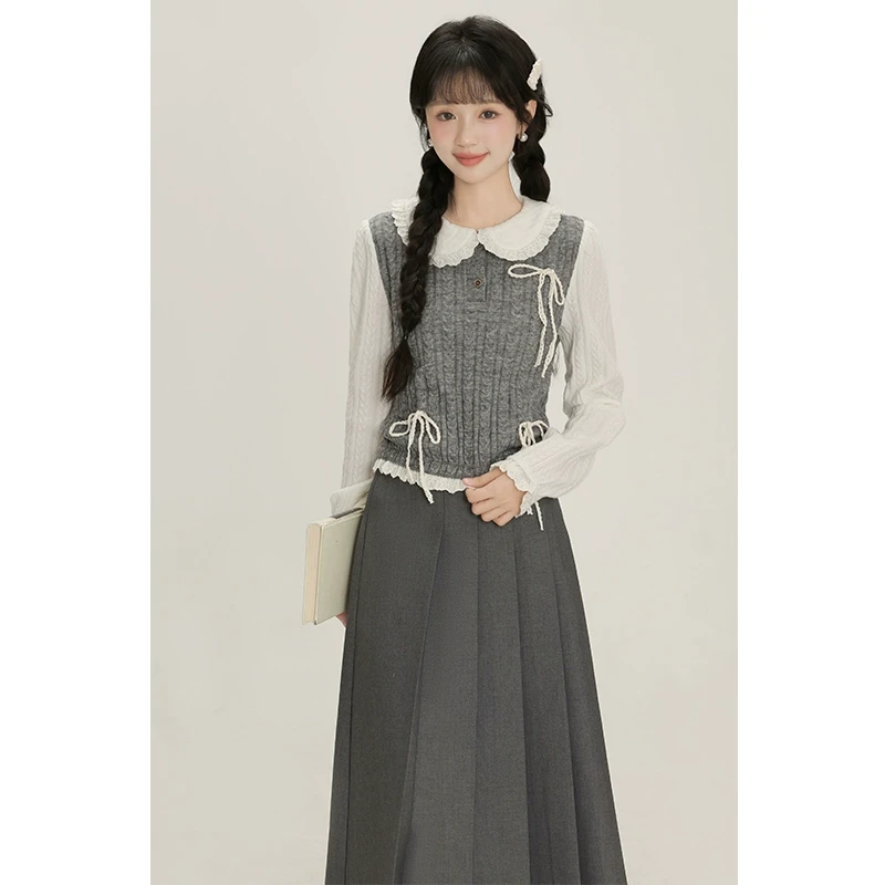 【三寸藕】韩式可爱娃娃领假两件灰色毛衣上衣2025春季3498