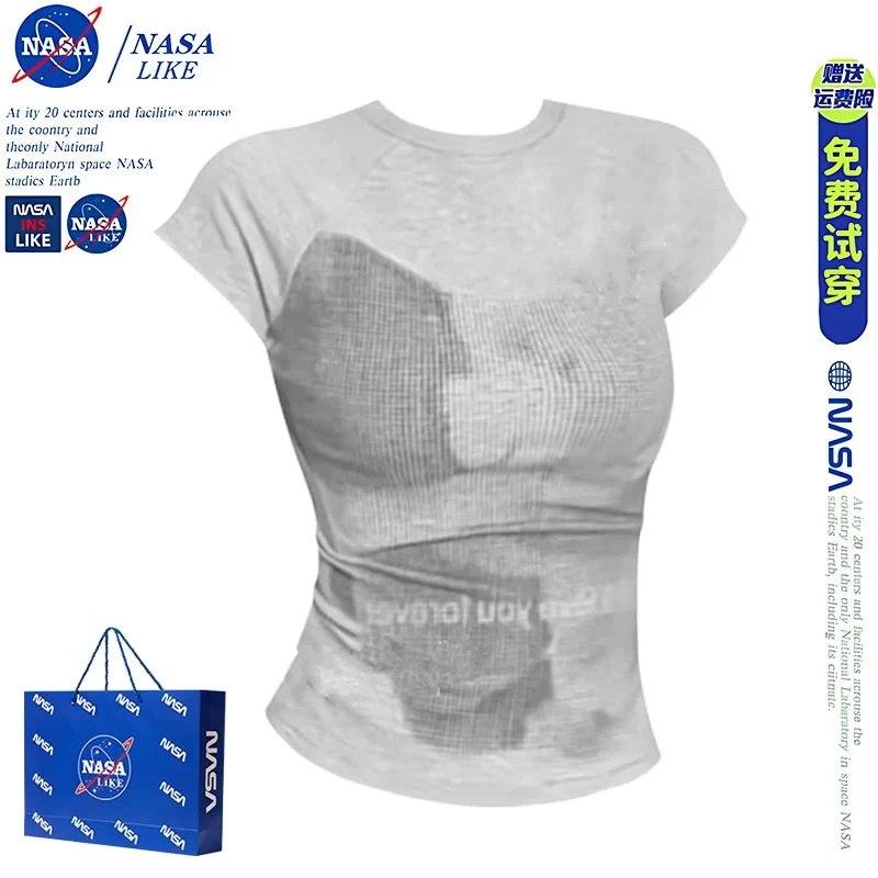 NASA美式复古印花灰色短袖T恤女夏季新款收腰修身显瘦短款上衣潮