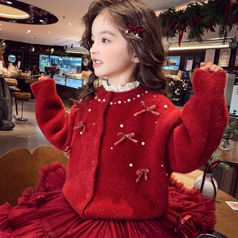 【现货】米米哈罗女童冬款年服蝴蝶结钉珠开衫针织衫毛衣D240429