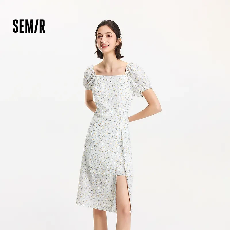 森马连衣裙女泡泡袖浪漫俏皮少女感夏法式方领扭结开叉雪纺碎花裙