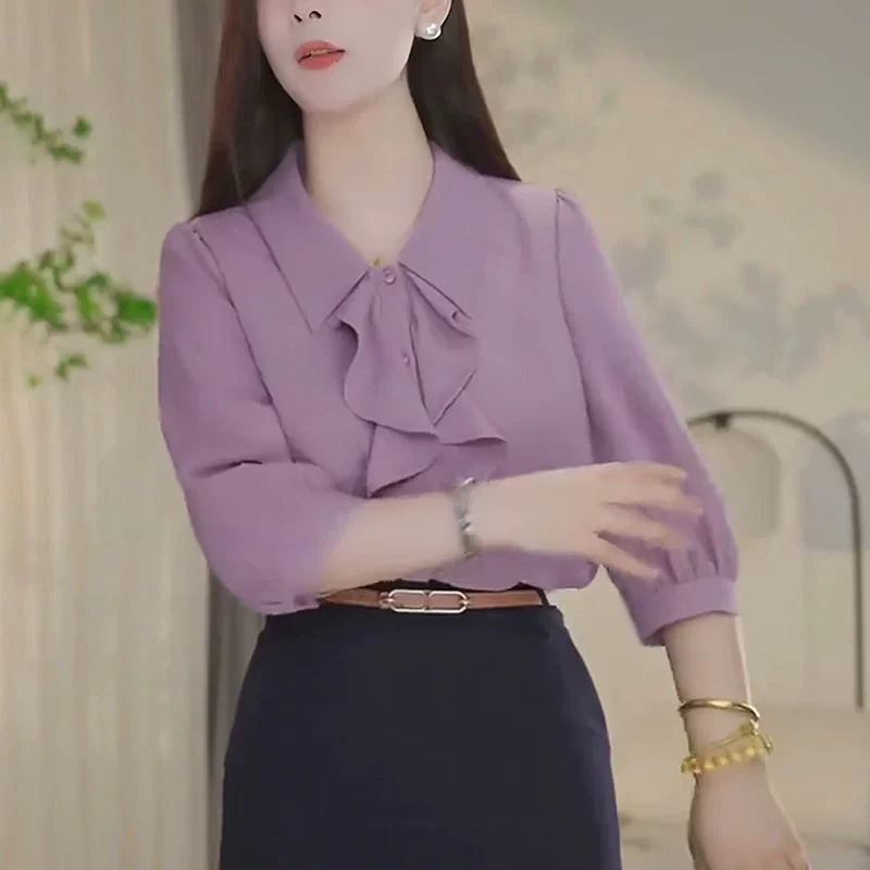 2025紫色荷叶边气质短袖衬衫女士夏季新款时尚宽松减龄设计感上衣