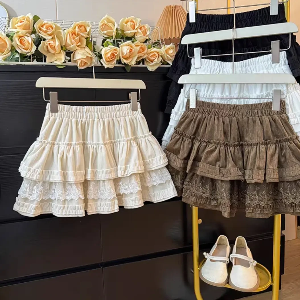 秋冬甜美蕾丝拼接高腰显瘦A字蛋糕半身短裙