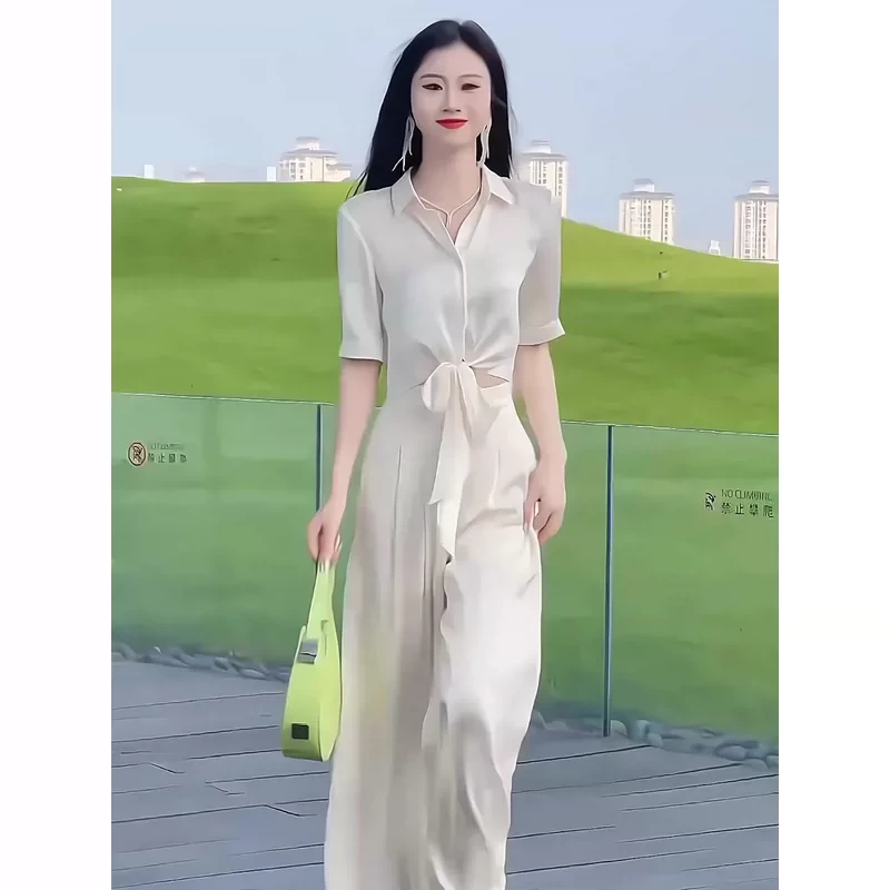 POLO领冰丝收腰绑带短袖衬衫阔腿垂感长裤套装女士夏季时尚两件套