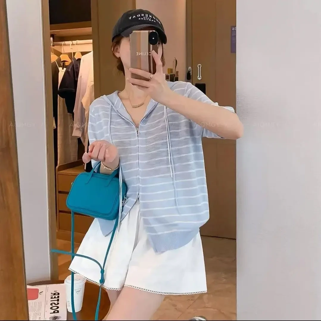 2025夏季新款大码条纹双拉链连帽竹节麻针织开衫女显瘦上衣防晒