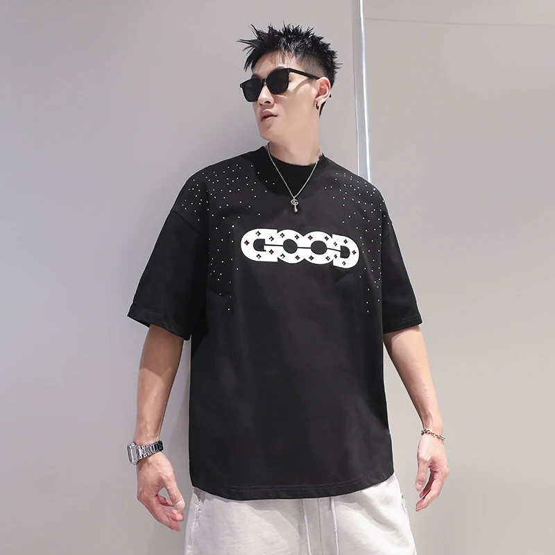 有术满天星烫钻潮牌短袖男夏季重磅纯棉五分袖设计感上衣圆领t恤