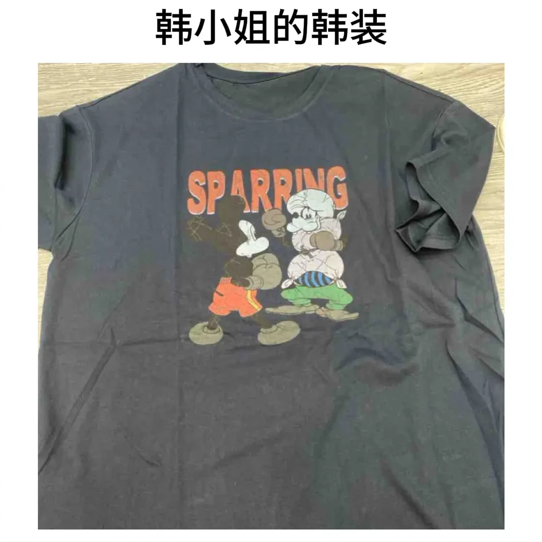 韩小姐韩国东大门韩系复古米奇印花宽松短袖T恤09984