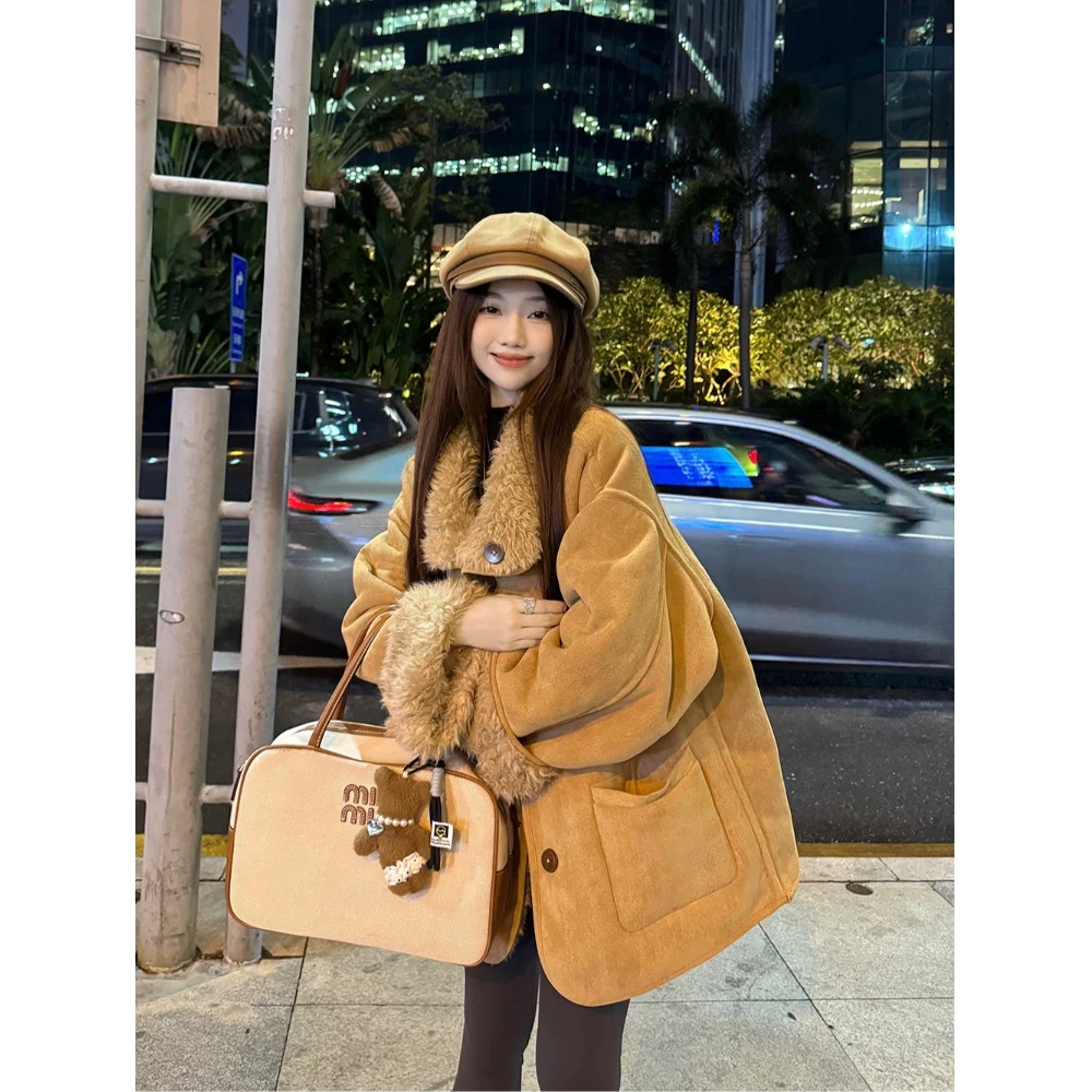 皮毛一体加厚复古外套女冬季2024新款宽松显瘦中长款百搭长袖上衣