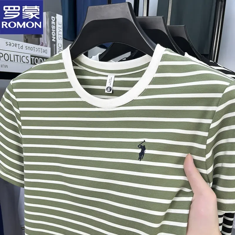 罗蒙时尚条纹男士新款t恤衫宽松舒适中青年含棉百搭圆领刺绣短袖
