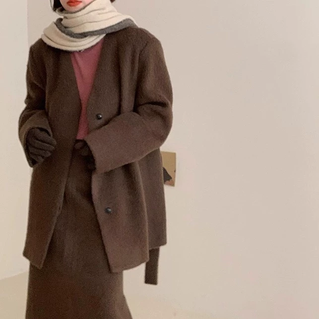 LUO/高品质天花板羊驼毛羊毛绒面西服套装 韩代简约系带西装半裙