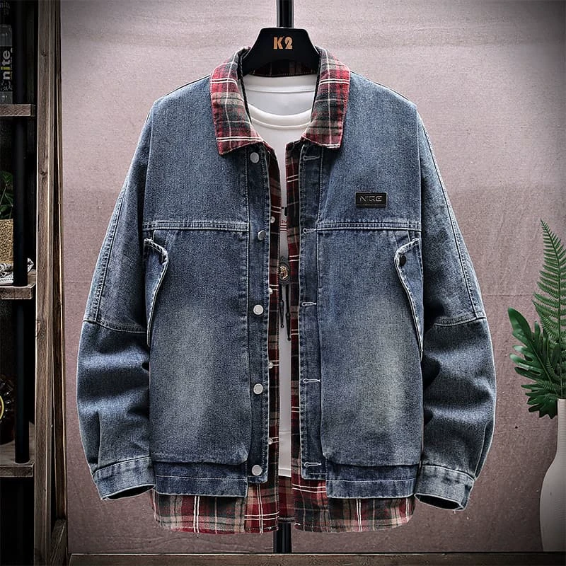 2025春季新款假两件复古翻领牛仔外套男潮流痞帅宽松百搭款上衣服