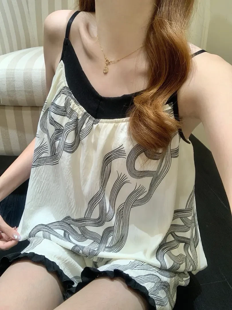 夏季吊带短裤套装云感棉复古条纹睡裙2025新款可外穿网红风家居服