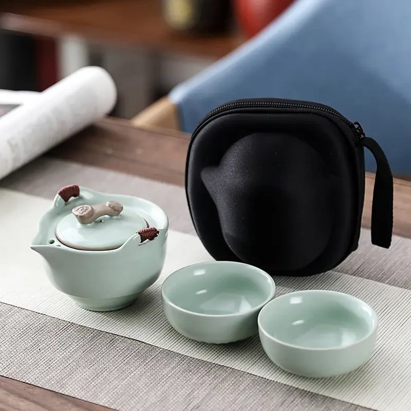 汝窑冰裂可开片快客杯一壶二杯 旅行便携功夫茶具小套装H271