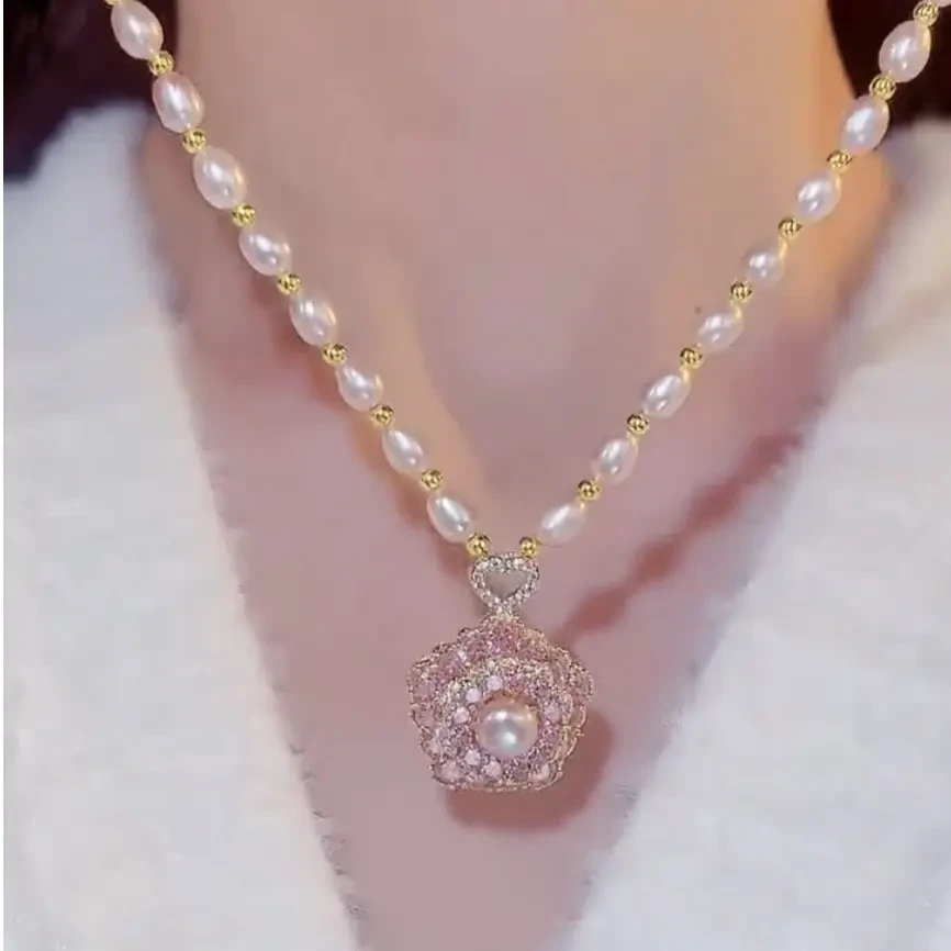 金色24k项链 港金粉色幸运花仿珍珠锁骨链小众不掉色项链气质时尚