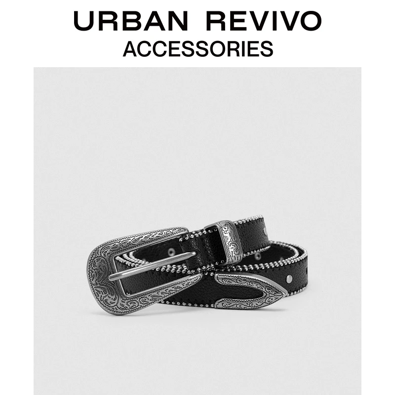 URBAN REVIVO2025春季新款女士铆钉方形针扣皮带UAWA50033