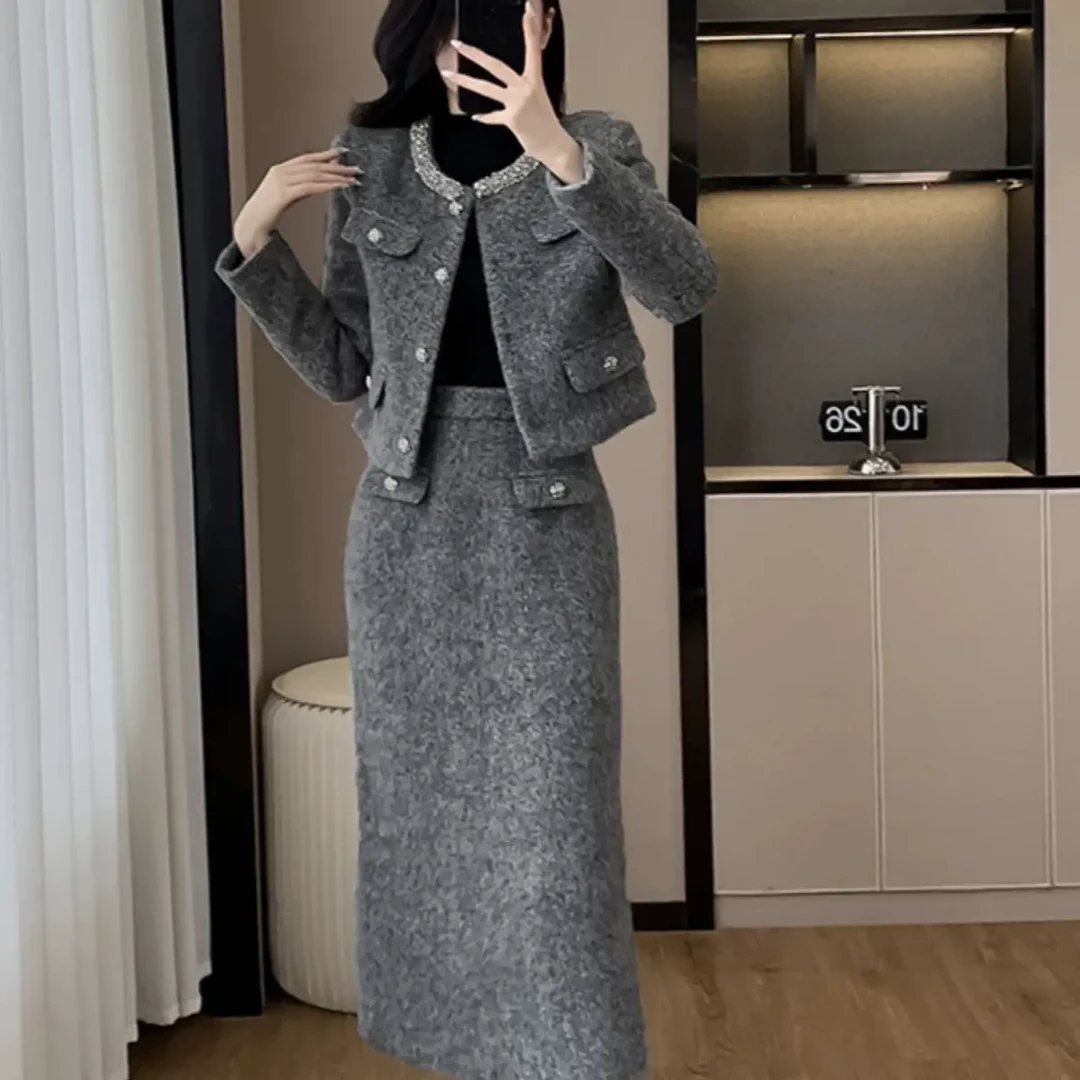 冬季新款小香风毛呢外套搭配气质半身裙套装轻奢高级感名媛/A6126